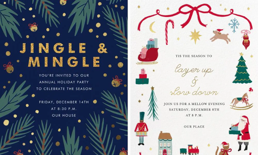 Blue digital invite and white one with cartoon santa