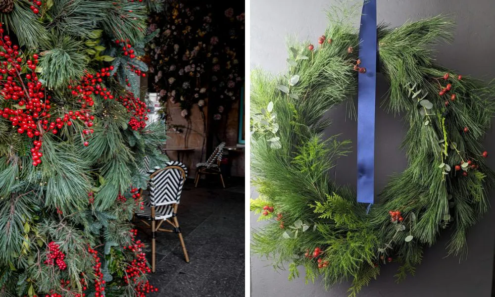 Left greenery in restaurant, right natural wreath
