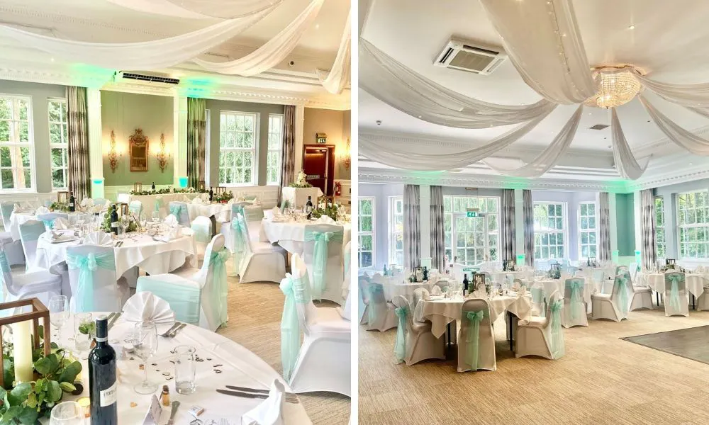 wedding breakfast with white tables blue bows and strobe lighting