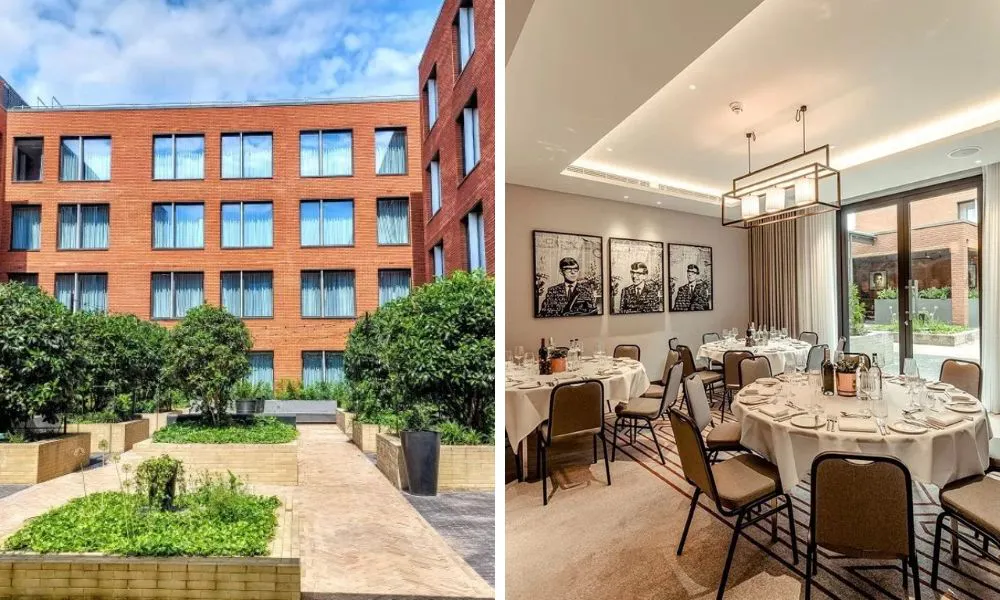 modern suite and garden area with industrial backdrop