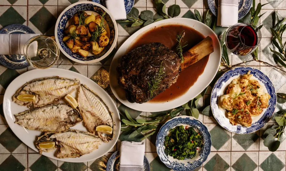 roast beef and roast fish with a selection of festive sides