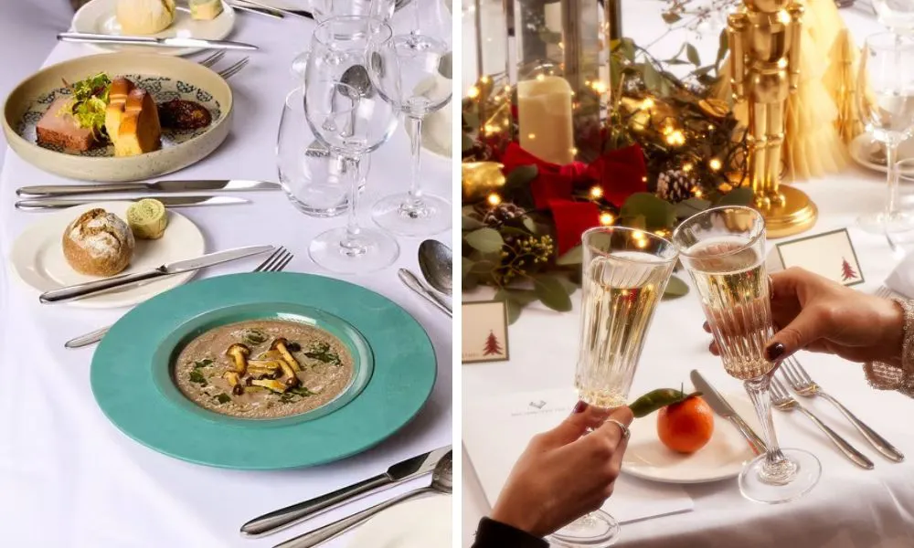 plate of roasted mushrooms, and people drinking Champagne