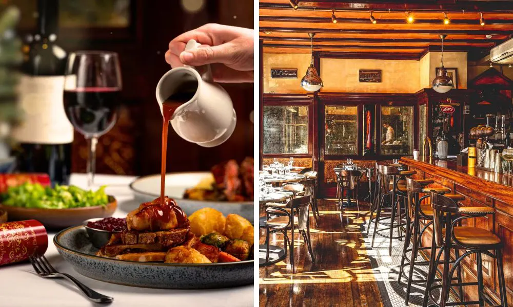 someone pouring gravy on a roast, and rustic, wood-filled restaurant interiors