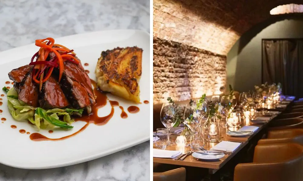 a plate of roast beef, and an elegant, underground private dining room