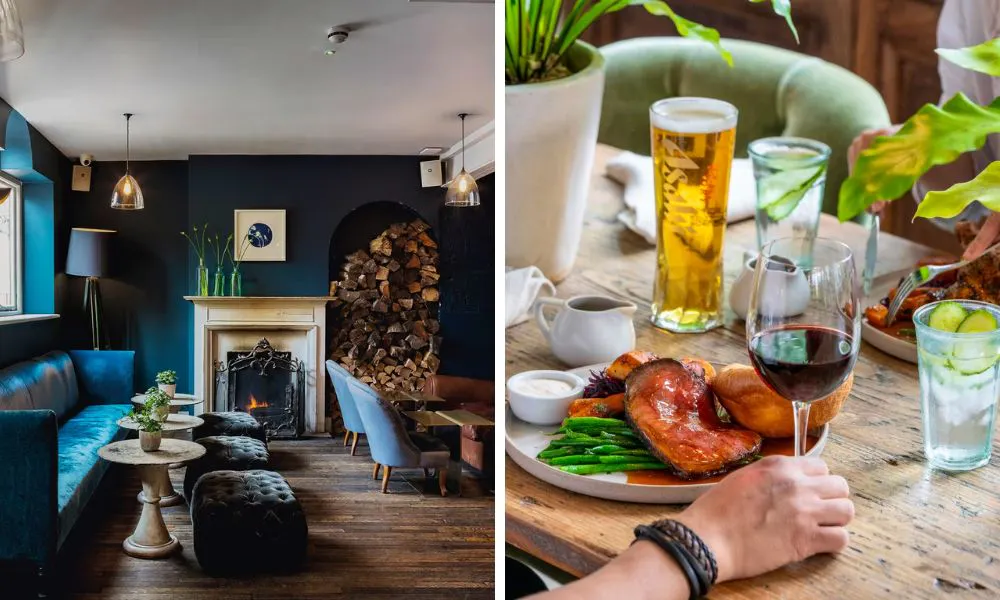 sleek, blue velvet furnishings in a restaurant, and roast dinner