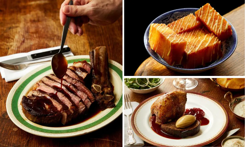 A sliced steak and gravy and chips