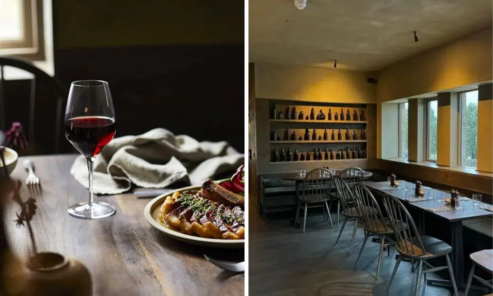 left steak and red wine, right, rustic dining room 