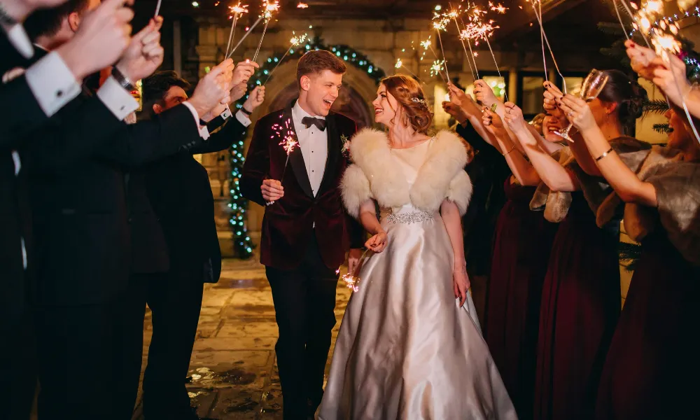 christmas wedding couple in fur bolero
