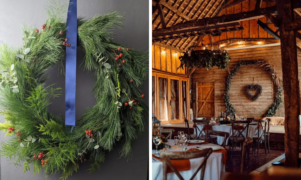 tasteful christmas wreath at a wedding barn