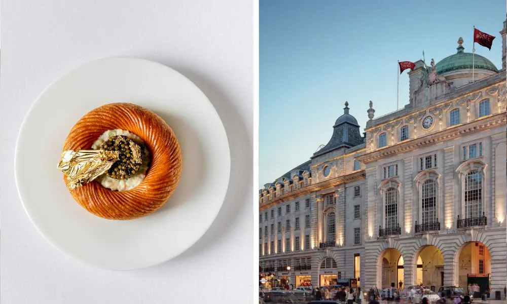 Pastry and gold leaf dish, hotel exterior