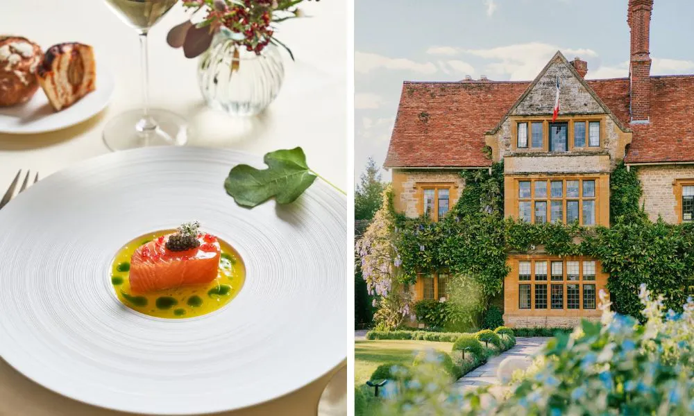 Salmon dish, and exterior of Le Manoir