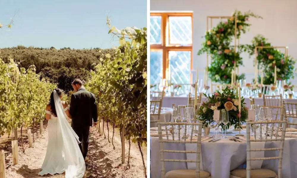 married couple walking through vineyard and tablescapes at wedding breakfast