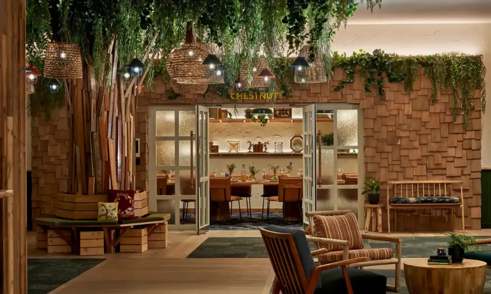 treehouse inspired venue with large tree sculpture