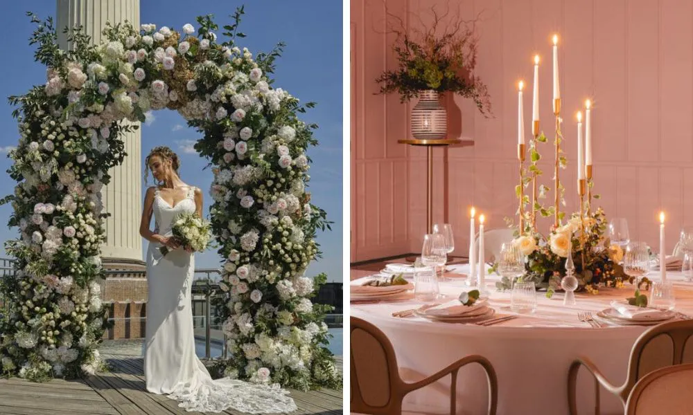 bride under floral arch with towers in the background