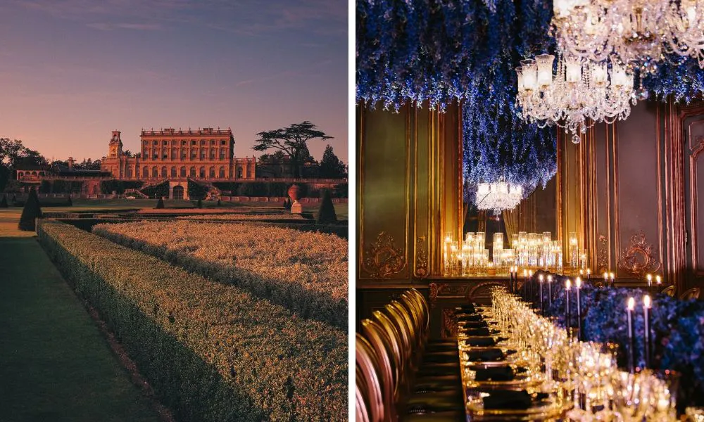 Large manor house at sunset with trimmed hedges