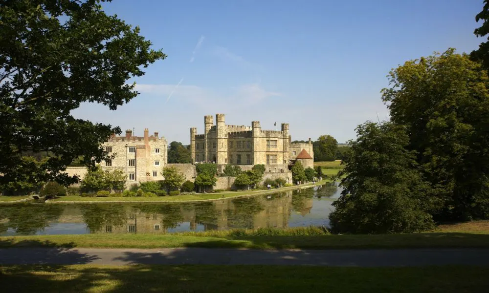 Medieval castle crenelated turrets and a moat