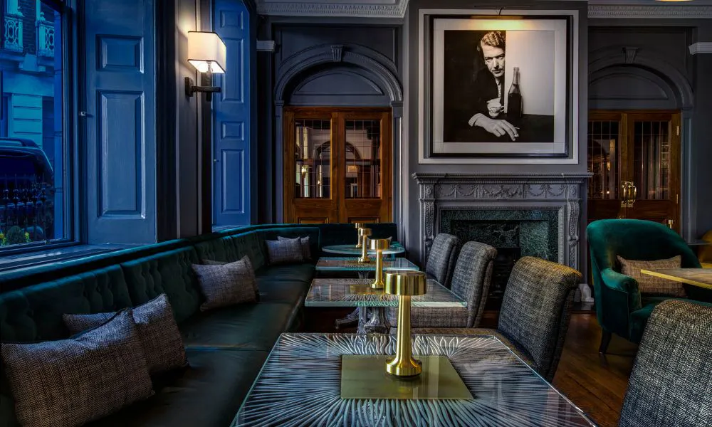 grey cocktail lounge with large black and white print