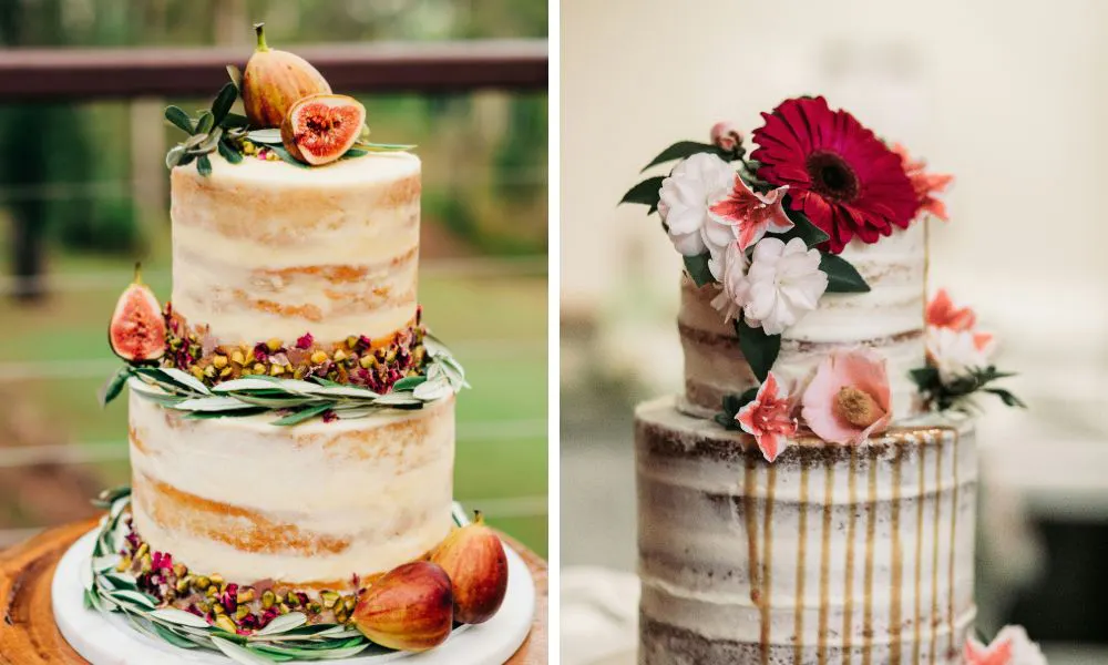 two wedding cakes with minimal icing and decoration