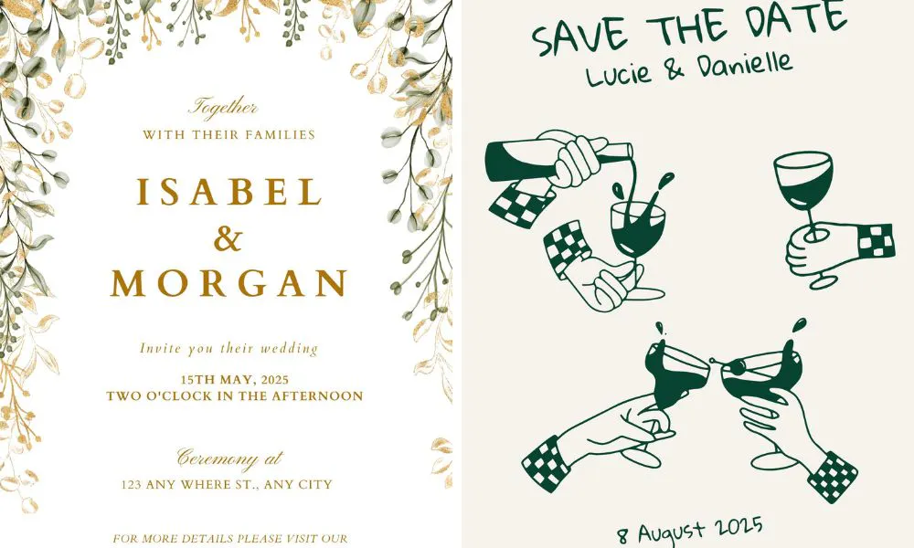 two digital wedding invites with and times dates