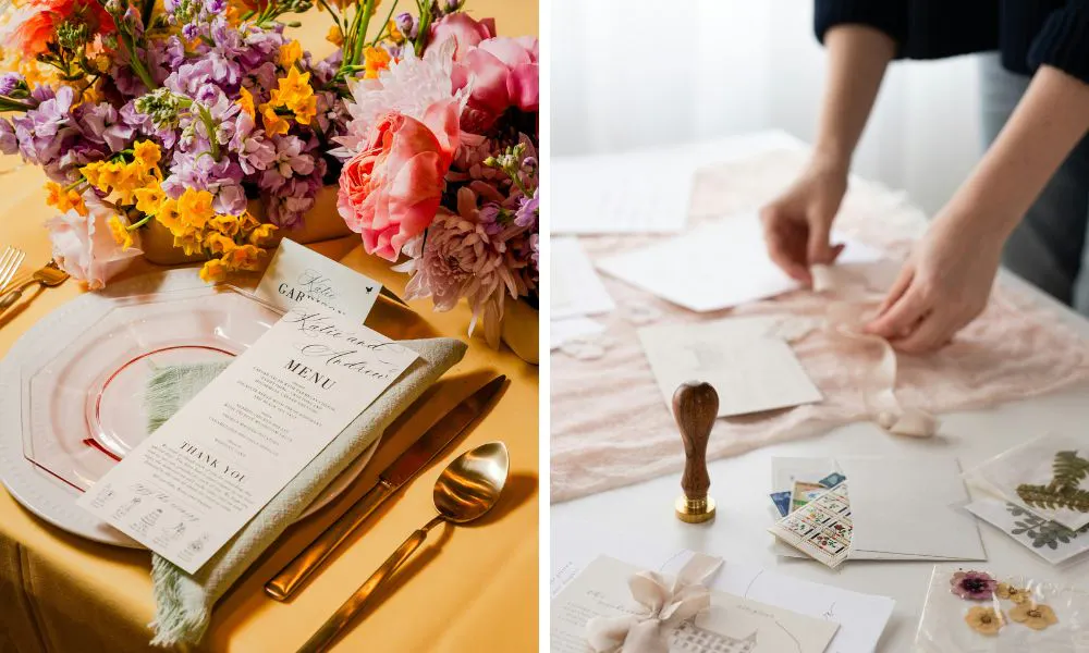 table with wedding flowers and printed menu