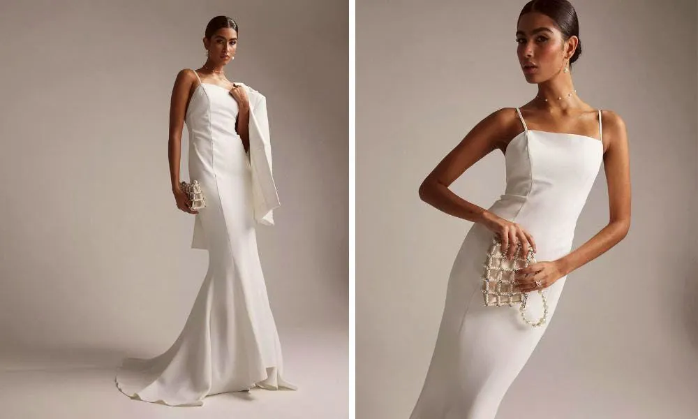 two women in minimalist white wedding dresses