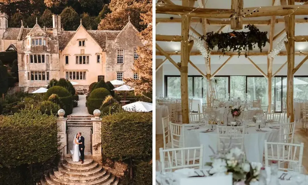 The exterior and a wedding breakfast table setup at Owlpen Manor