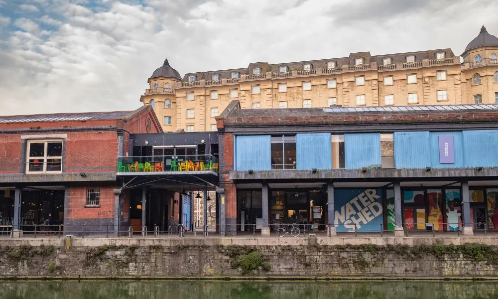 waterside wedding venue with blue exterior