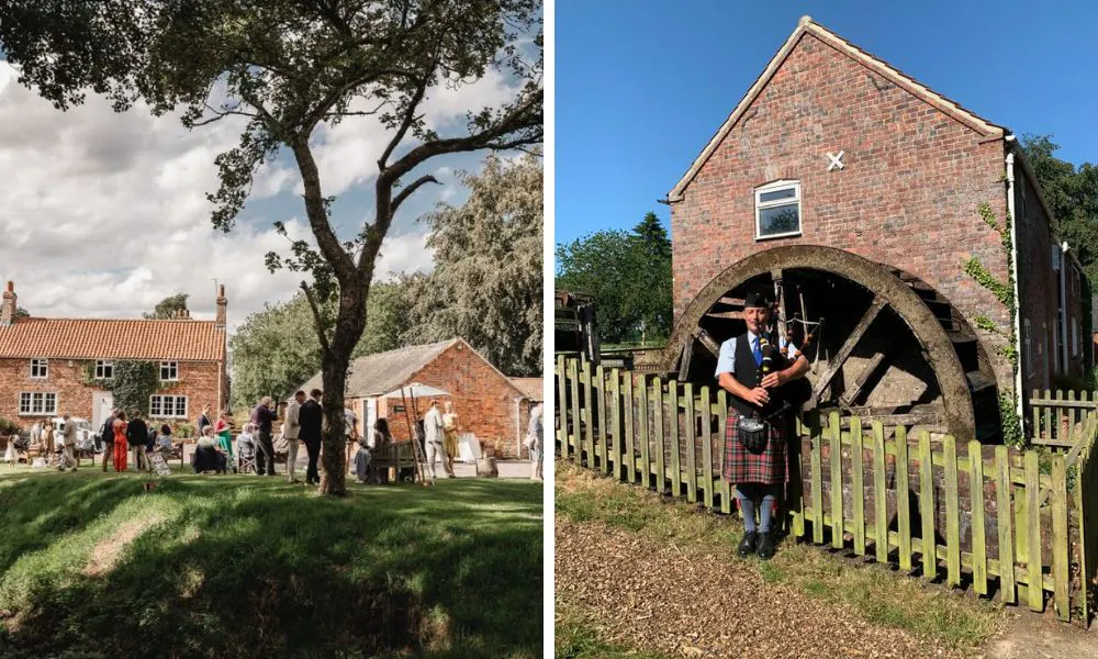 man playing bagpipes in front of old water mill
