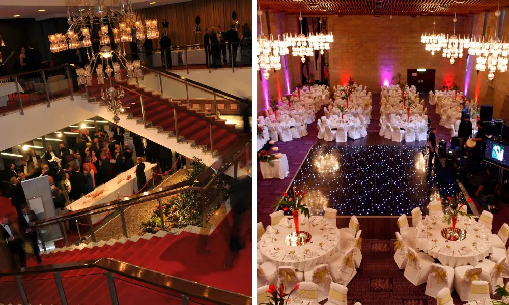 grand staircase, and sprawling banquet room set up for a wedding breakfast