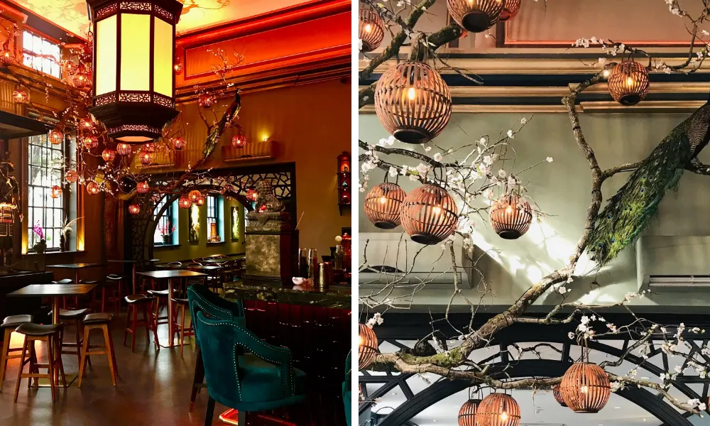 Asian restaurant with sherry blossoms and lanterns