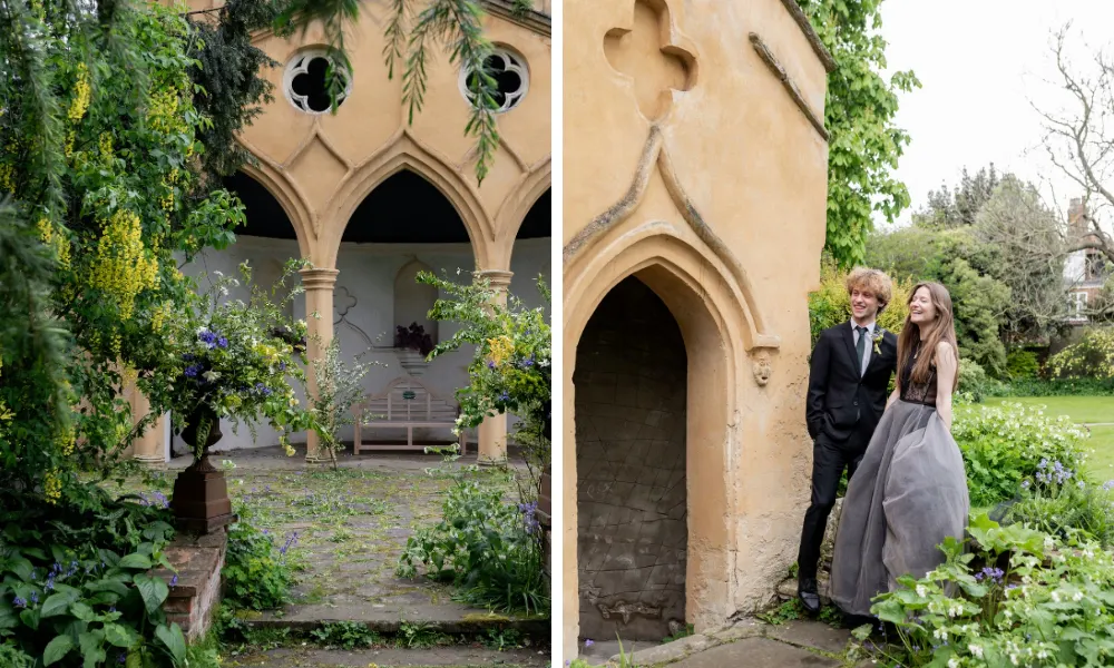 Gothic folly building with naturalistic floral