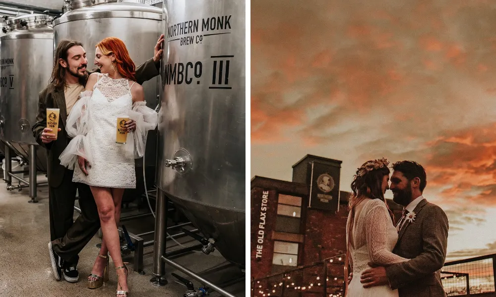 couple leaning on brewery tanks 