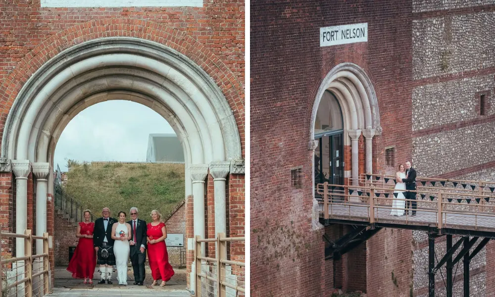 bridal party standing on a moat bridge