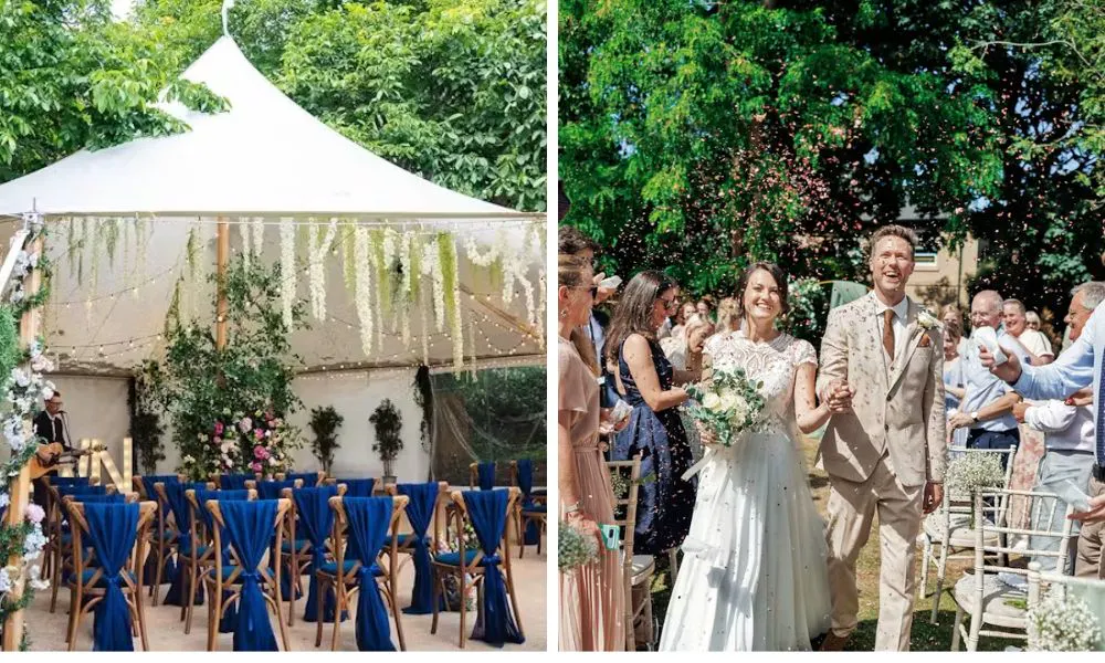 Teepee with wedding decor, and married couple celebrating with guests