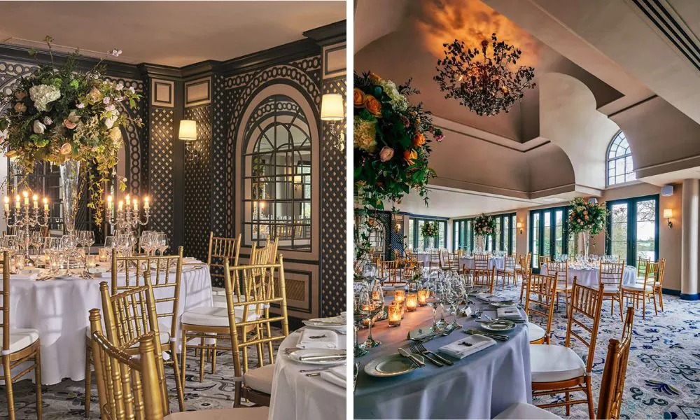 large room with gold chairs and white table cloths