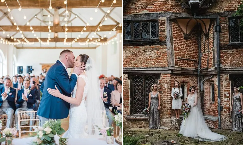 Couple kissing at ceremony, and red brick exterior of the barn
