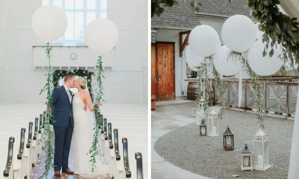 White balloons decorating an aisle
