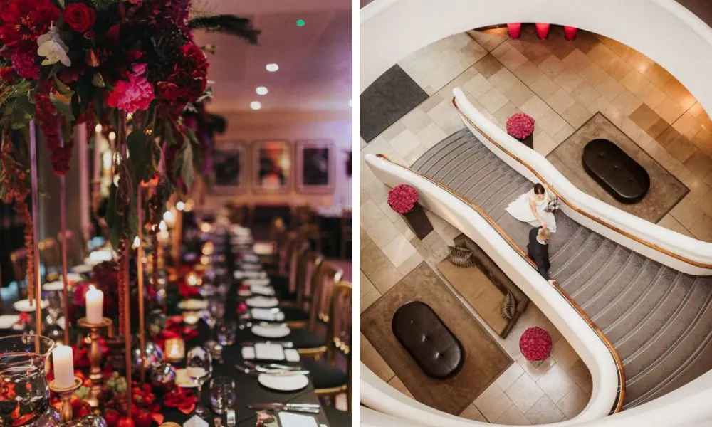 wedding table dressed in pink and modern stairway