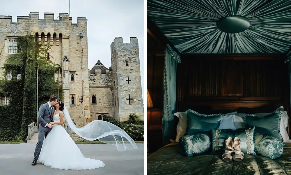 bride and groom kiss outside an ivy clad castle