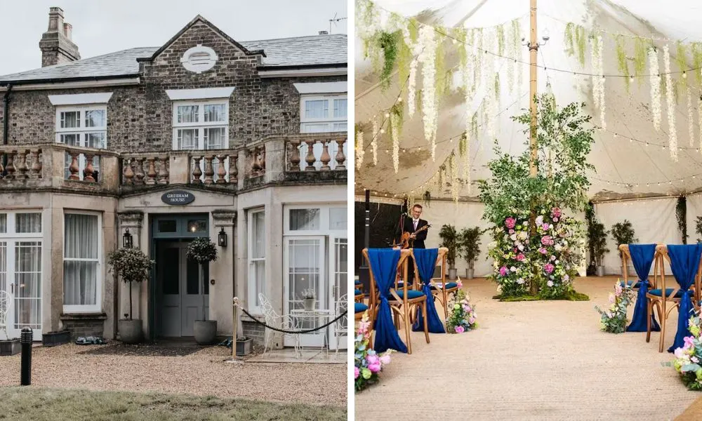 The exteriors of a guest house and a wedding reception set up in a teepee
