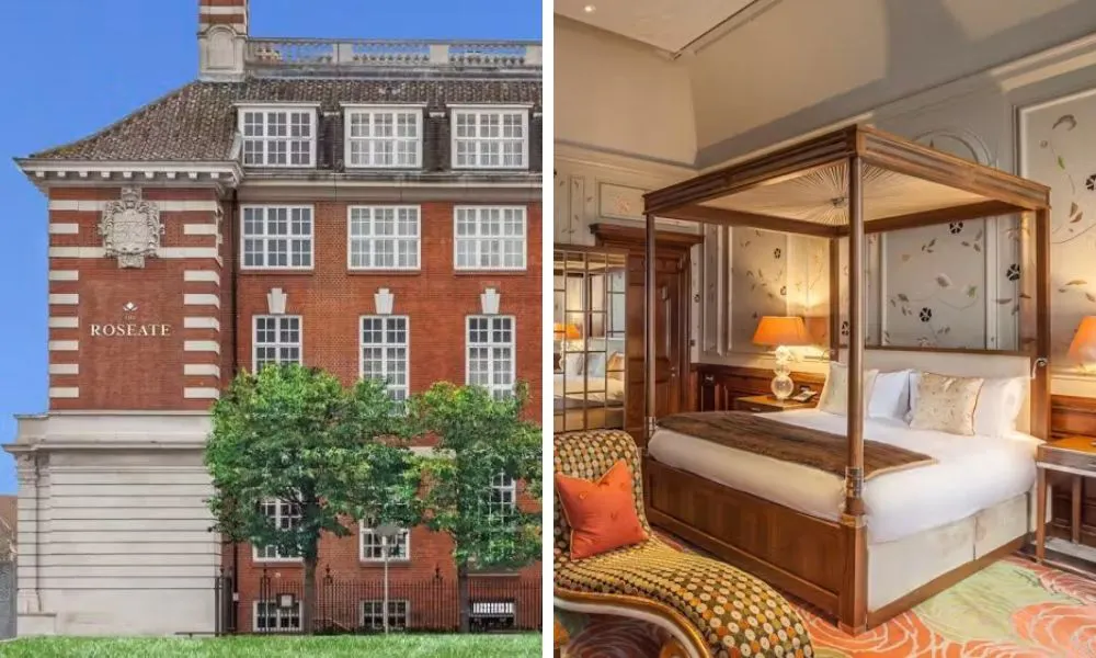hotel with garden and deluxe suite with four poster bed