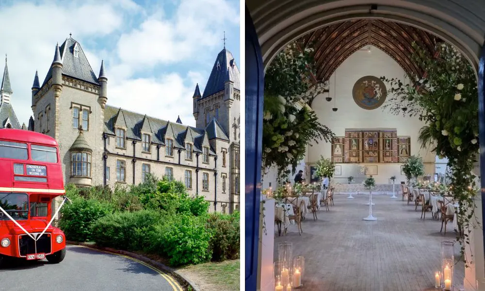  a bus parked outside Le Gothique, and a grand hall set up for a wedding