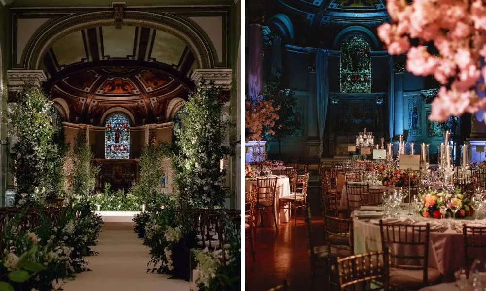 a historic set up with stained glass windows set up for a ceremony and wedding breakfast