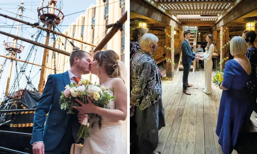 a bride and groom kissing in front of The Golden Hinde boat, and a couple getting married below deck on the boat