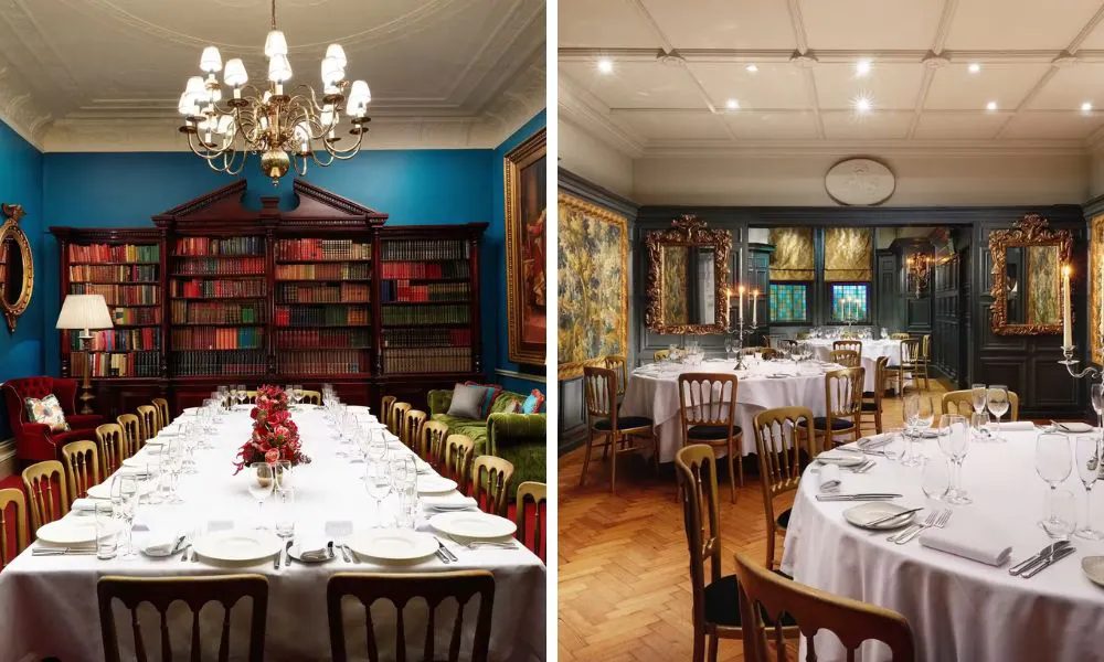 a banquet-style wedding breakfast set up in a library, and a larger wedding breakfast set up with round tables