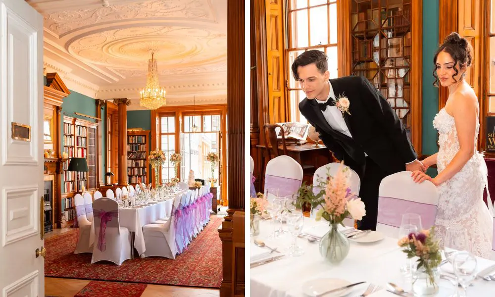 a wedding breakfast set up with a bride and groom in a historic library setting