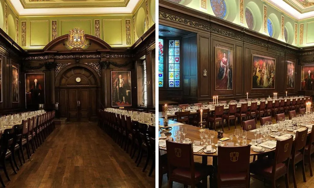 grand hall with two banquet tables and candles