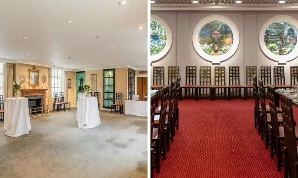 drinks reception room and wedding breakfast area with red carpets