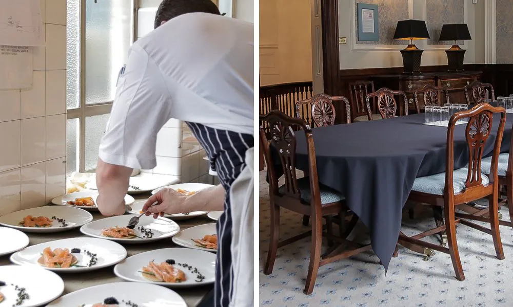 chef preparing dishes for a wedding and historic dining room with wooden table and chairs