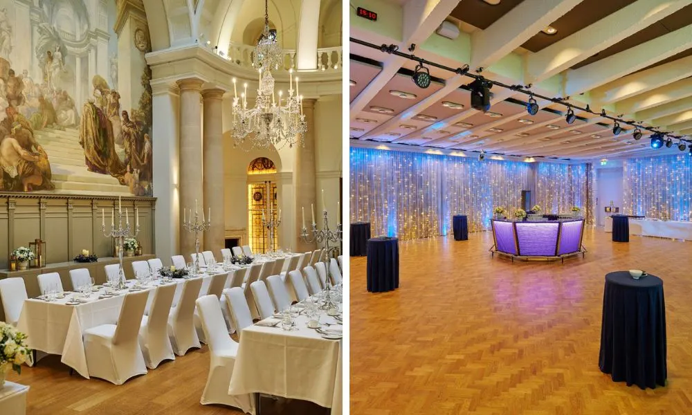 great hall with white banquet tables and dancefloor with purple booth